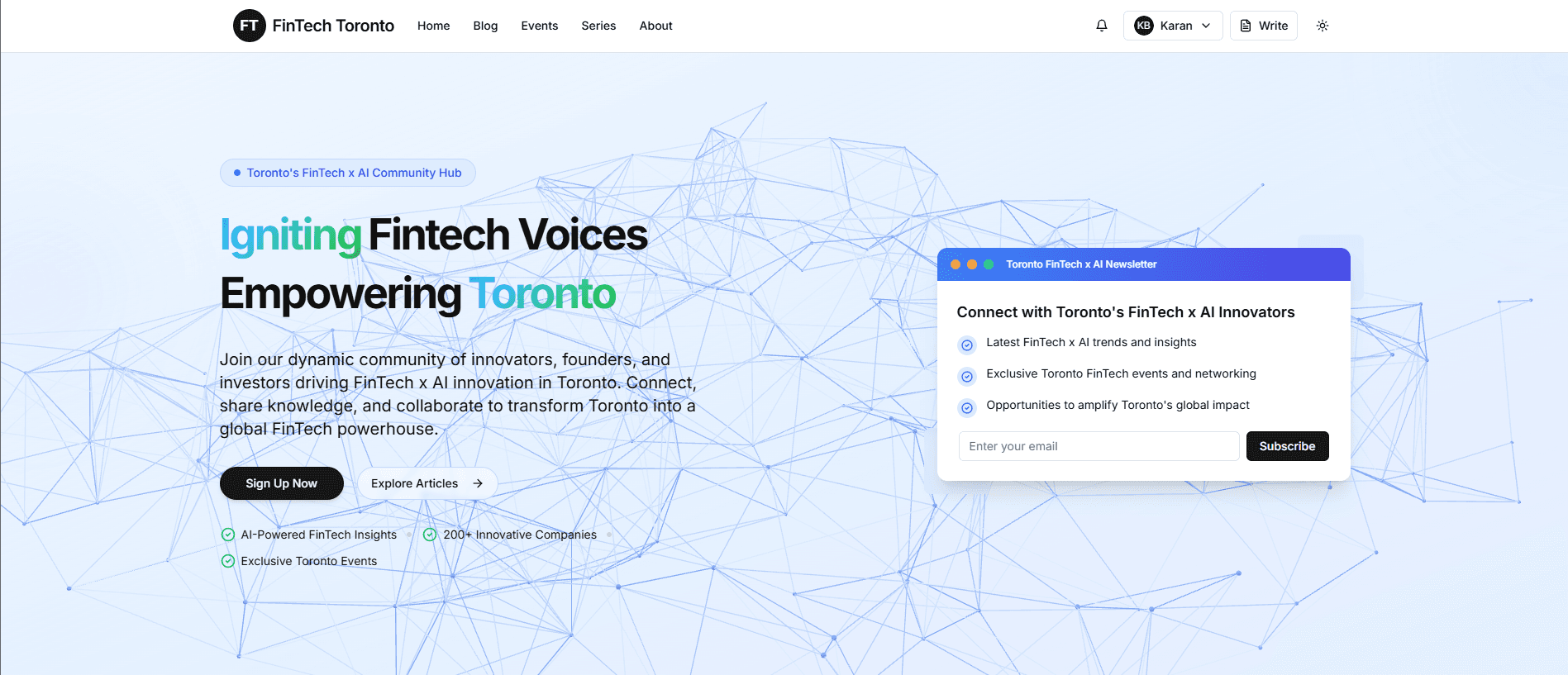 FintechToronto.com platform interface showing fintech ecosystem dashboard