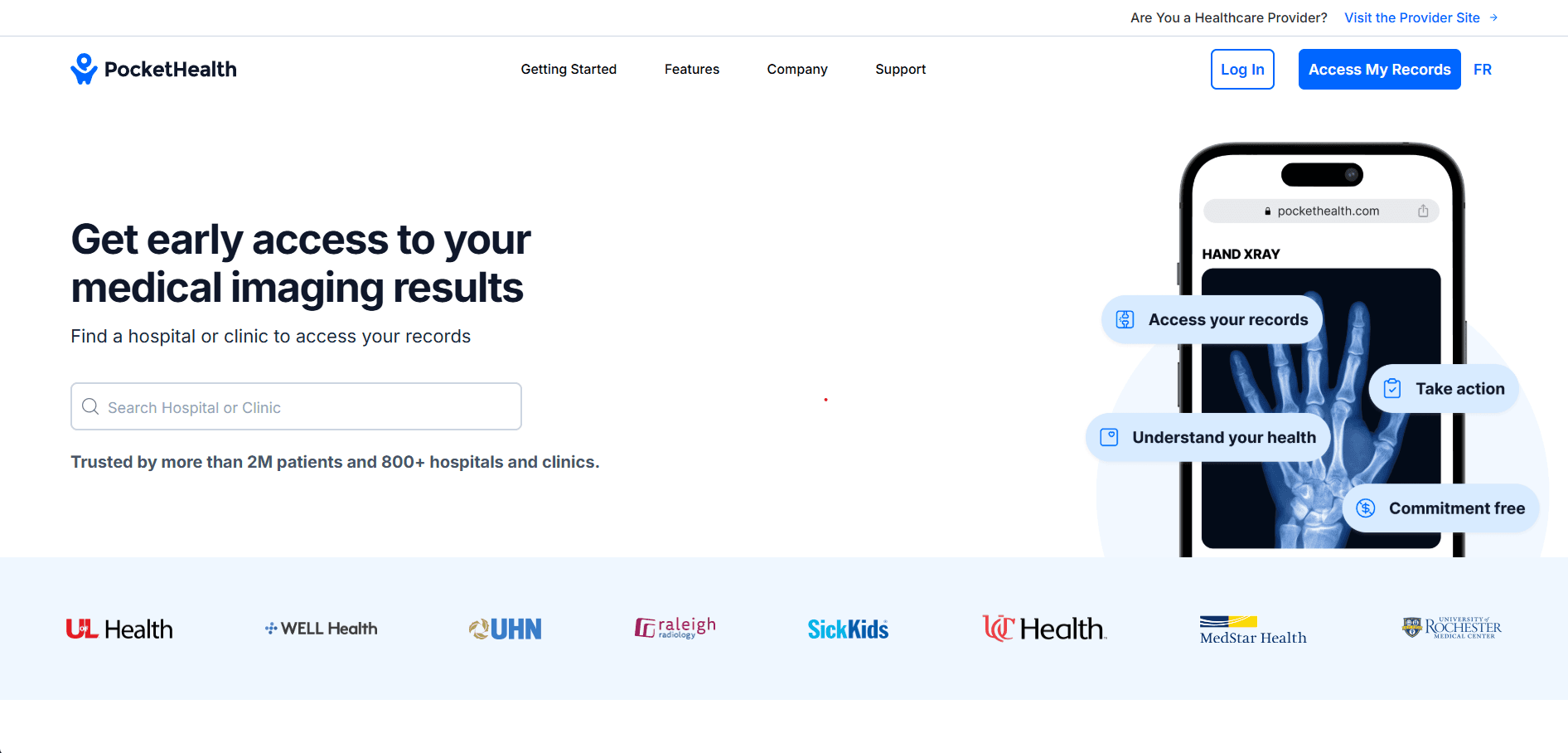 PocketHealth.com platform interface showing healthcare data management dashboard